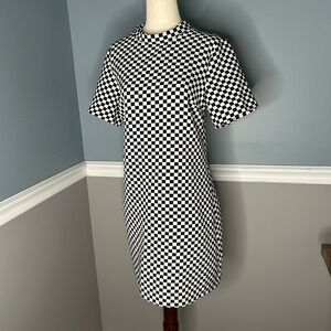 Zara Womens Black White Checkerboard Mock Neck Open Back Mini Shift Dress Size M